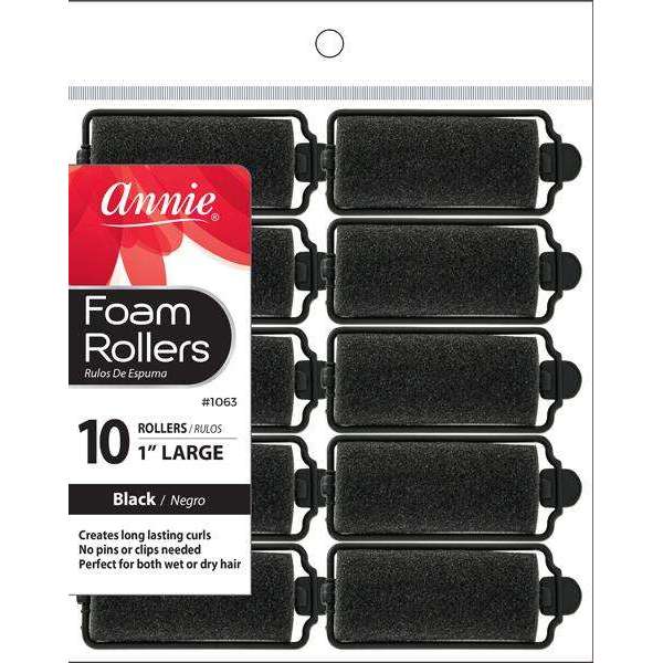 12 Annie Foam Rollers Black 1" Large (10 Pack) 1063